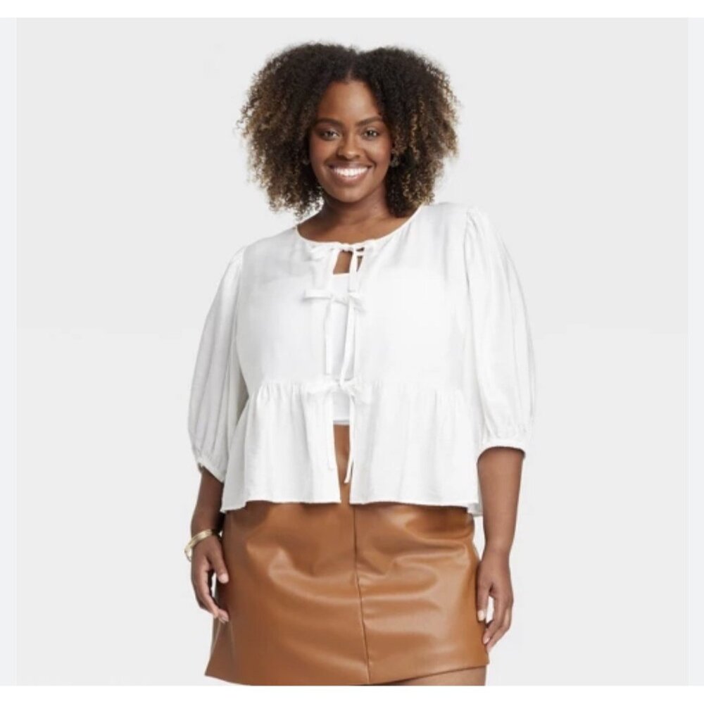 A New Day Women's Plus‎ Size 4X Elbow Sleeve Peplum Tie Front Blouse White